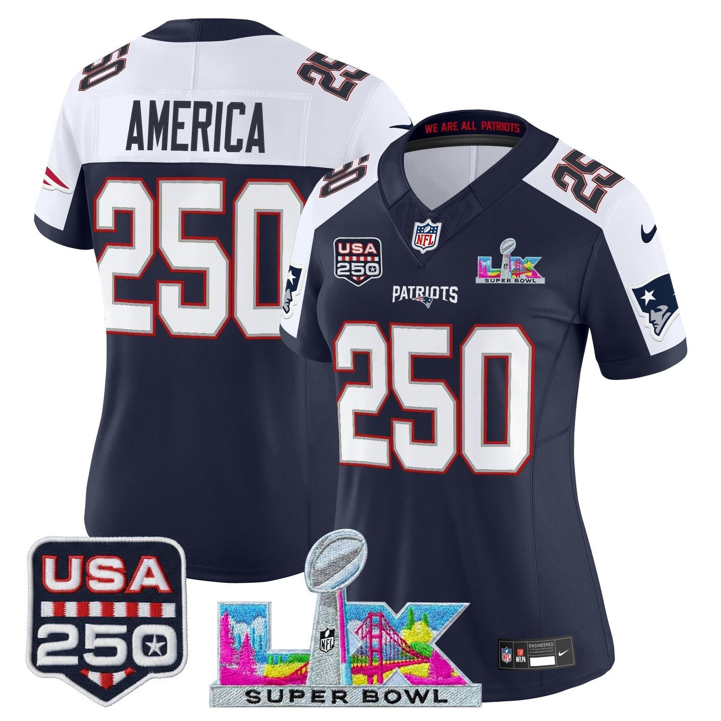 Camisa NFL Women’s New England “Super Bowl LX & United States 250th Anniversary Patch” Vapor Limited Jersey