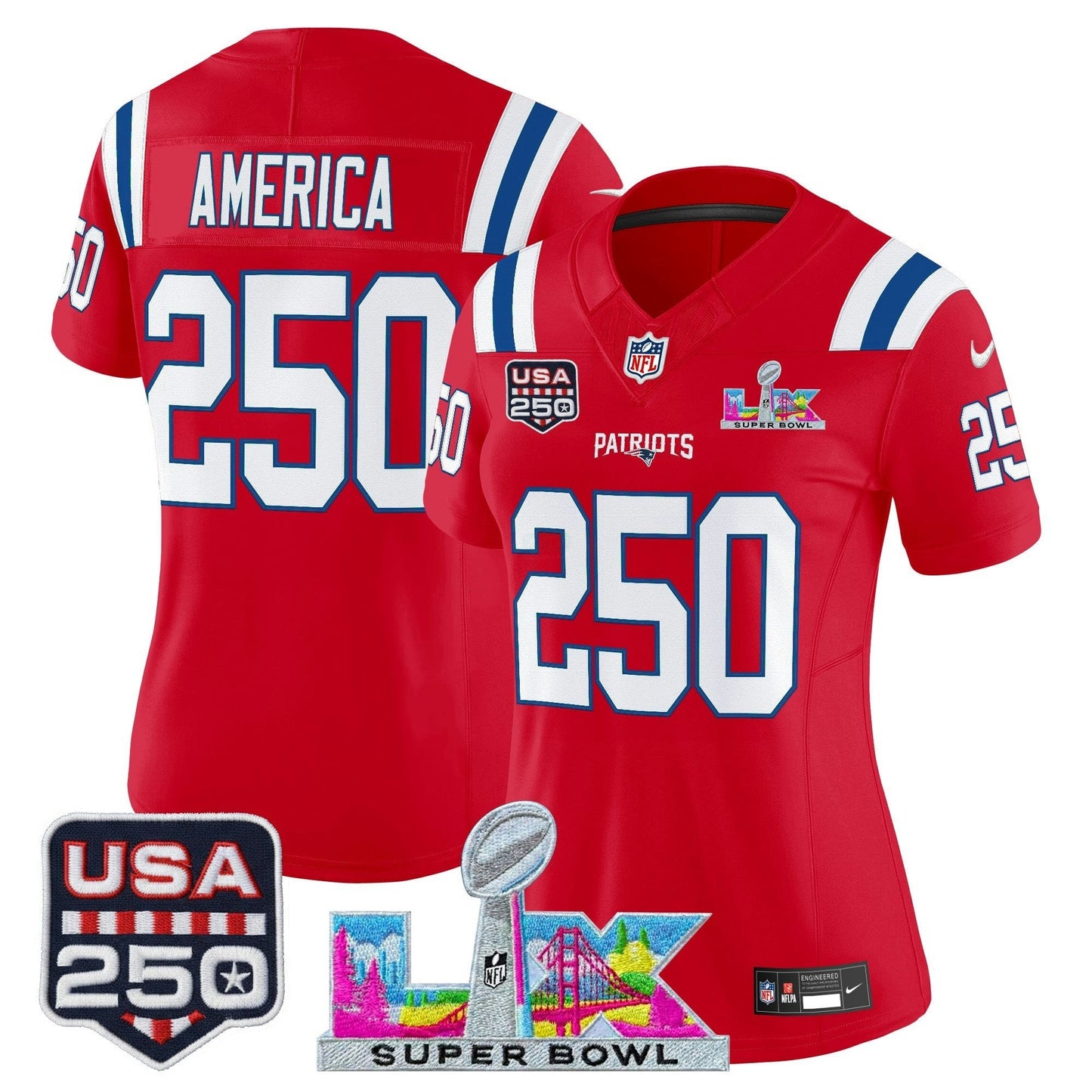 Camisa NFL Women’s New England “Super Bowl LX & United States 250th Anniversary Patch” Vapor Limited Jersey