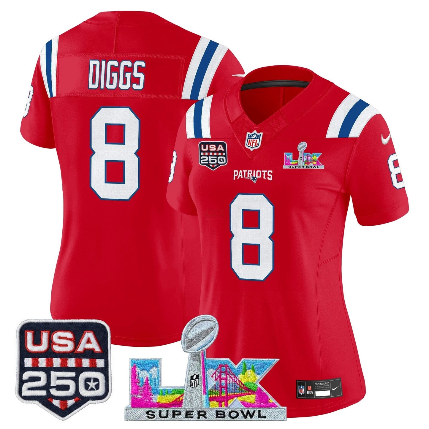 Camisa NFL Women’s New England “Super Bowl LX & United States 250th Anniversary Patch” Vapor Limited Jersey