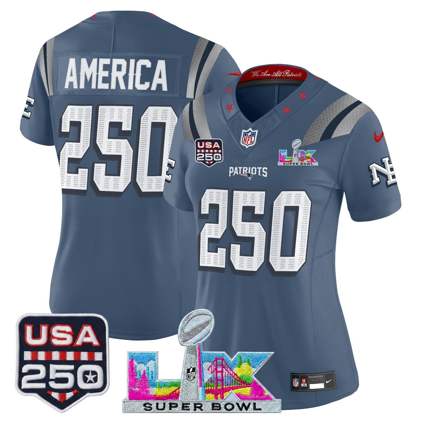 Camisa NFL Women’s New England “Super Bowl LX & United States 250th Anniversary Patch” Vapor Limited Jersey