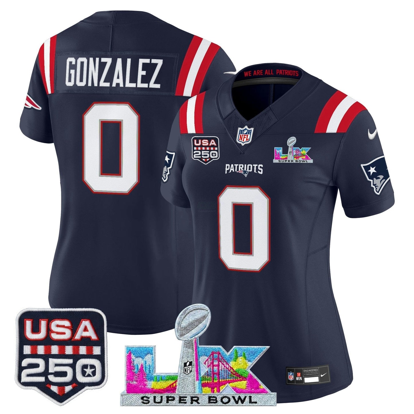Camisa NFL Women’s New England “Super Bowl LX & United States 250th Anniversary Patch” Vapor Limited Jersey