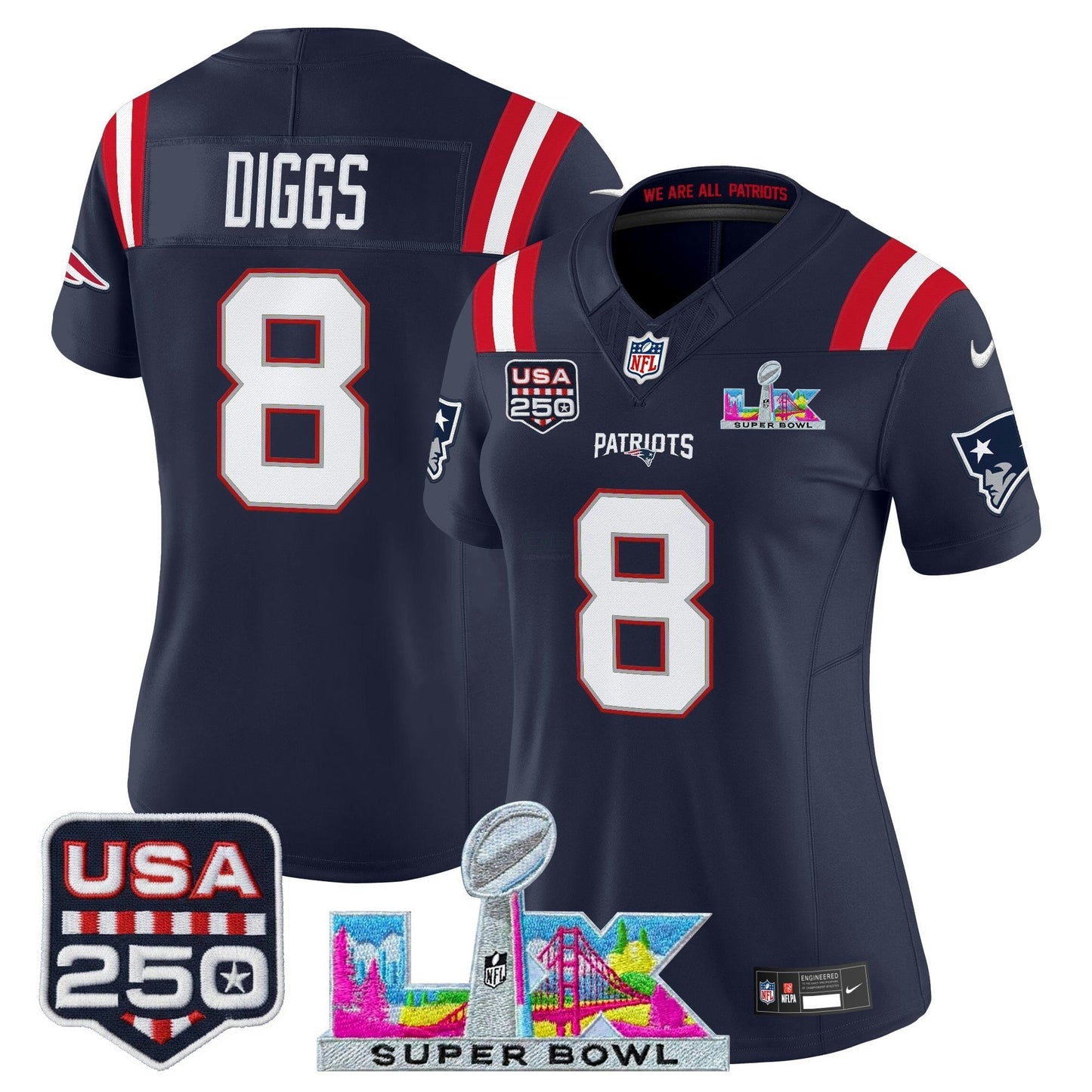 Camisa NFL Women’s New England “Super Bowl LX & United States 250th Anniversary Patch” Vapor Limited Jersey