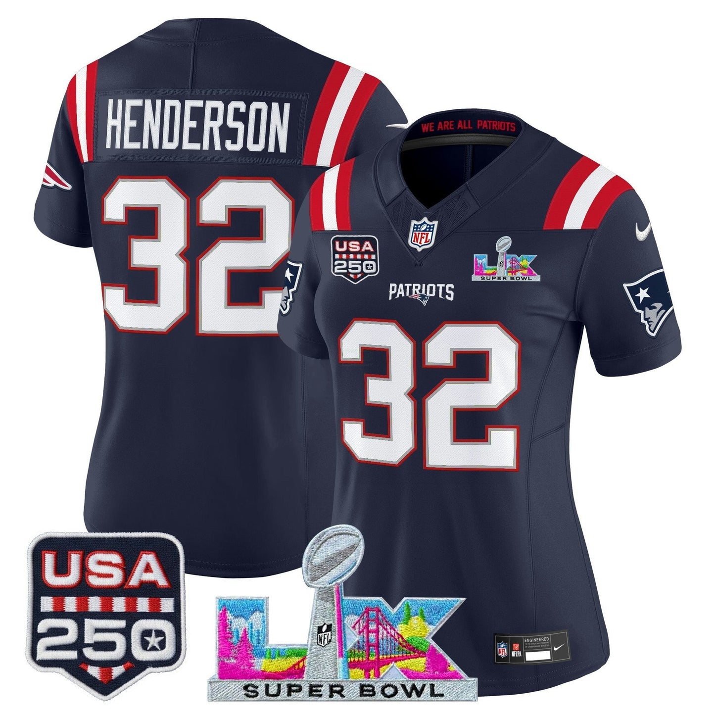 Camisa NFL Women’s New England “Super Bowl LX & United States 250th Anniversary Patch” Vapor Limited Jersey