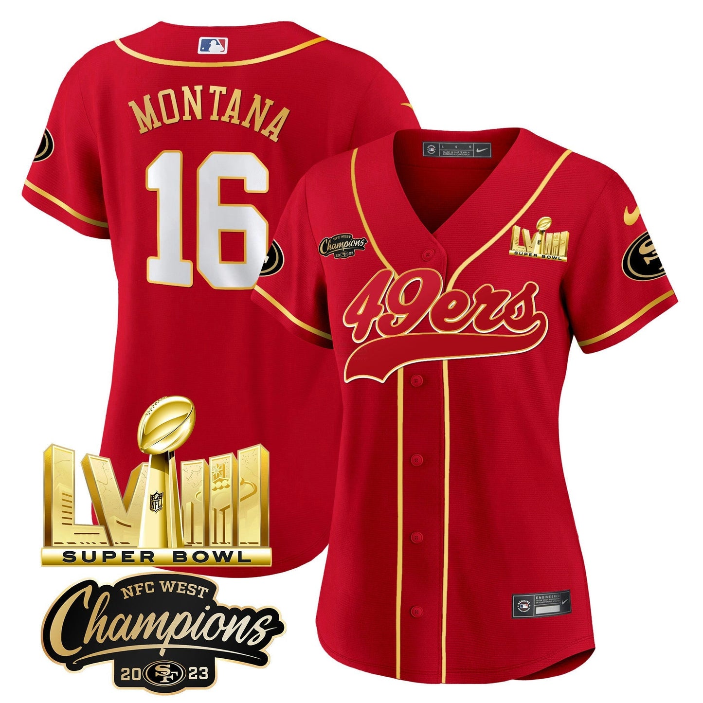 Camisa NFL Women’s NFC West Champions & Super Bowl LVIII Dourada Patch Jersey