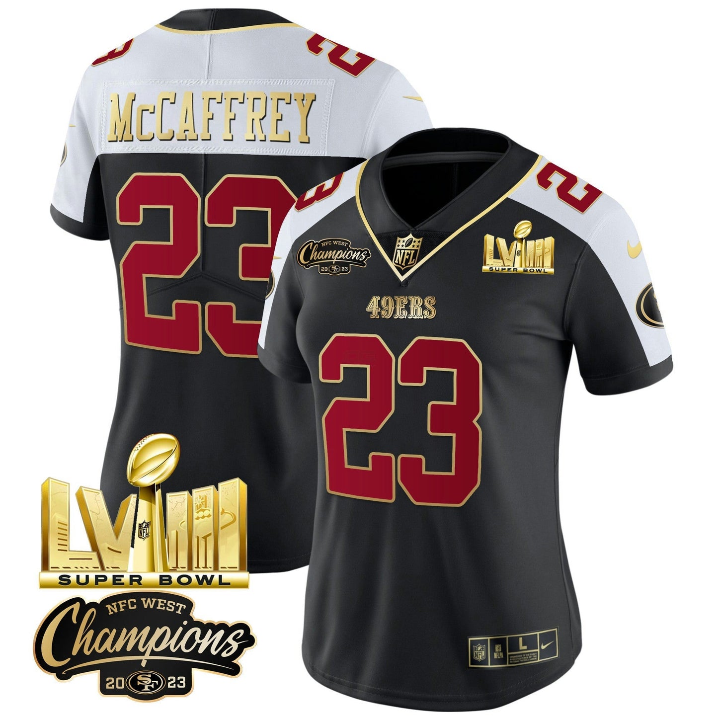 Camisa NFL Women’s NFC West Champions & Super Bowl LVIII Dourada Patch Vapor Jersey V2