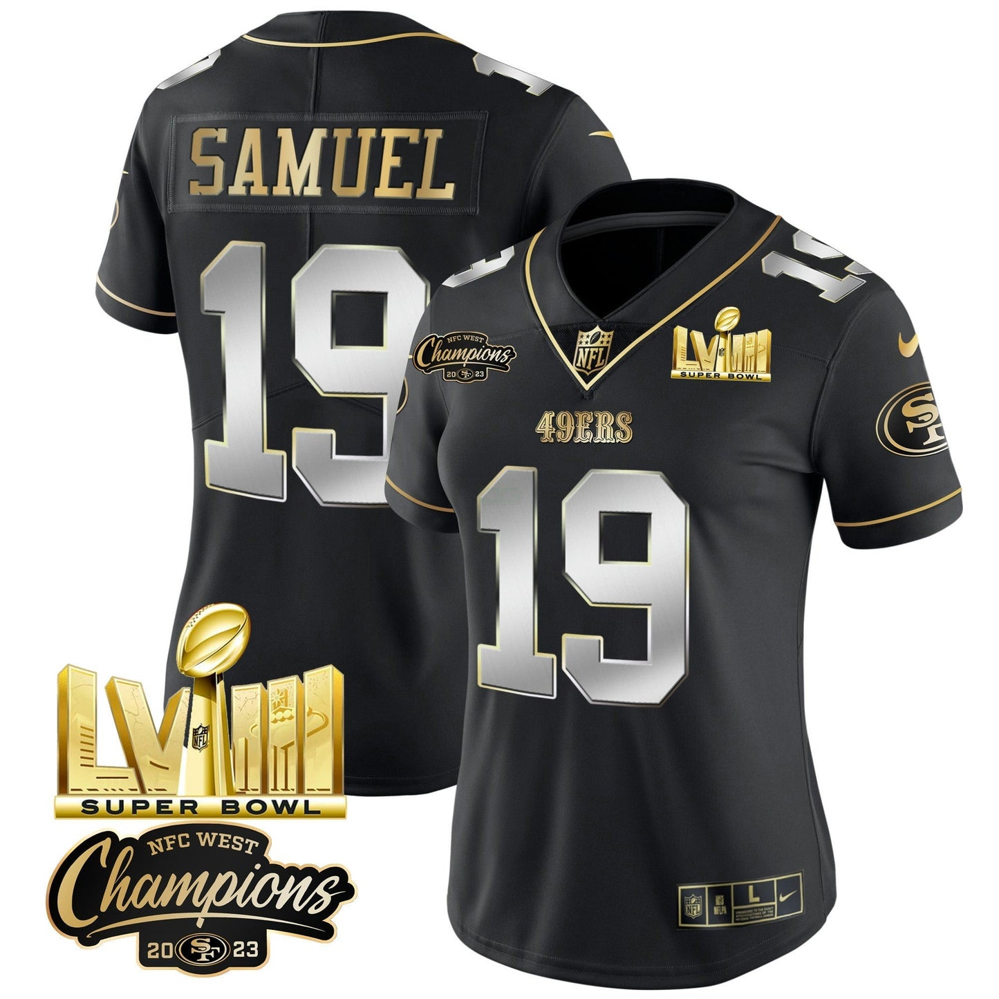 Camisa NFL Women’s NFC West Champions & Super Bowl LVIII Dourada Patch Vapor Jersey V2