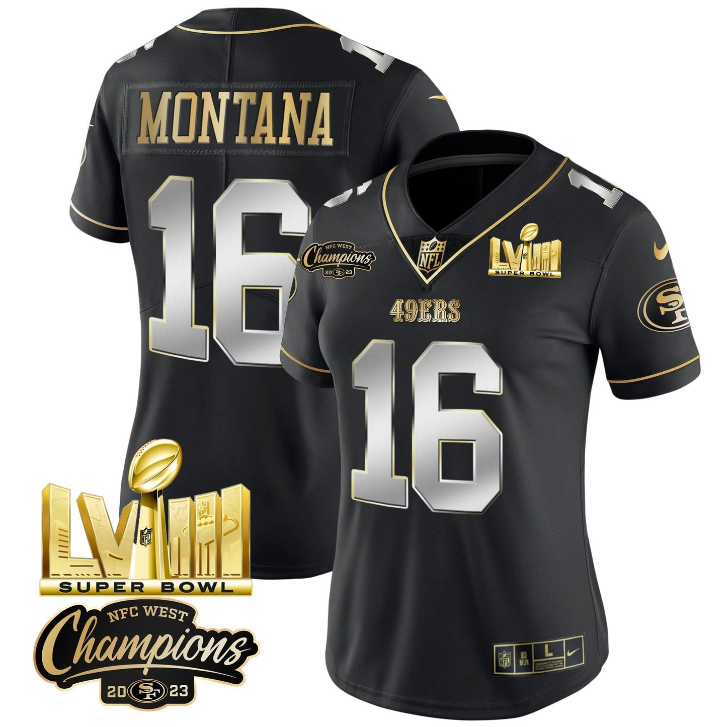 Camisa NFL Women’s NFC West Champions & Super Bowl LVIII Dourada Patch Vapor Jersey V2