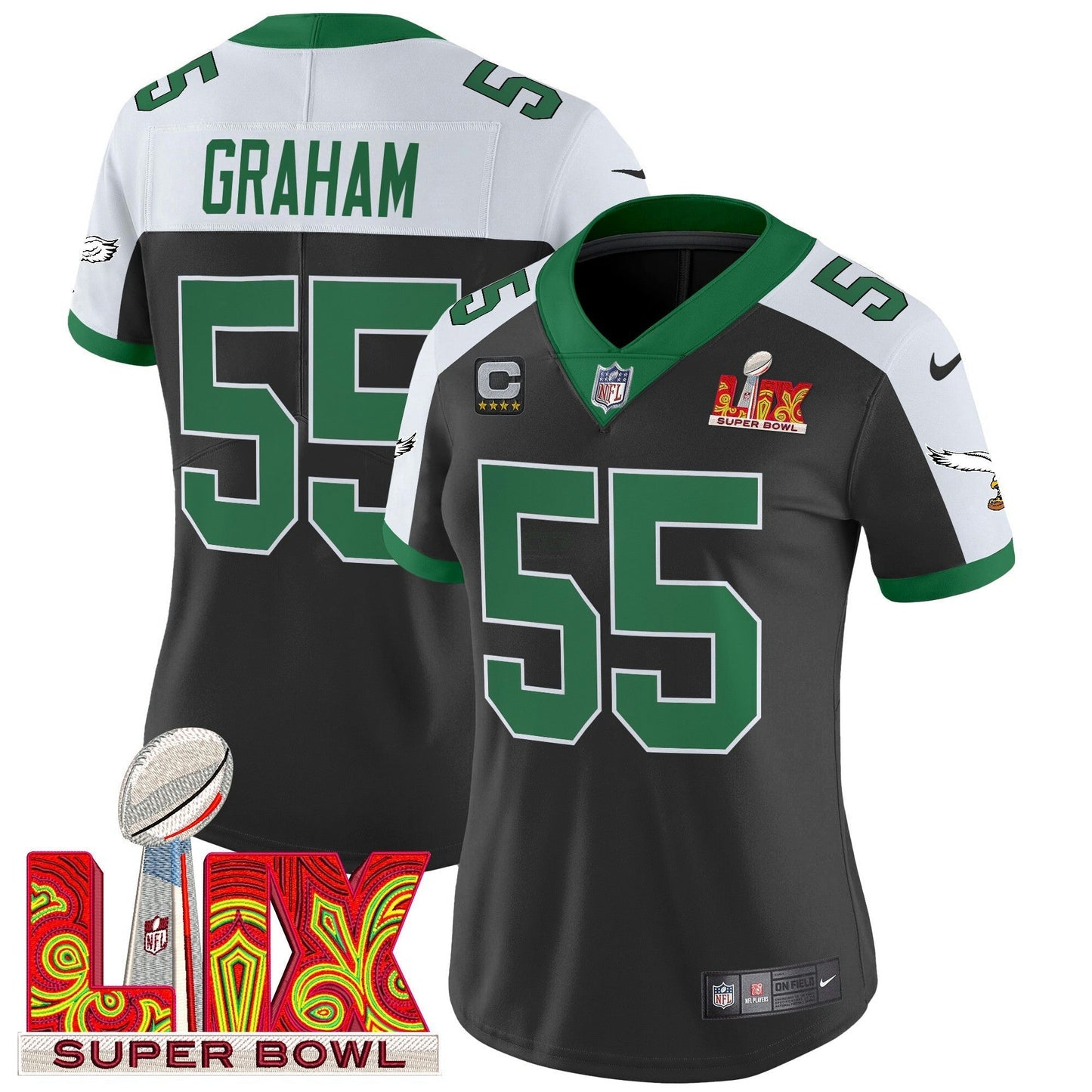 Camisa NFL Women’s Philadelphia Kelly Green Super Bowl LIX Patch Vapor Limited Jersey
