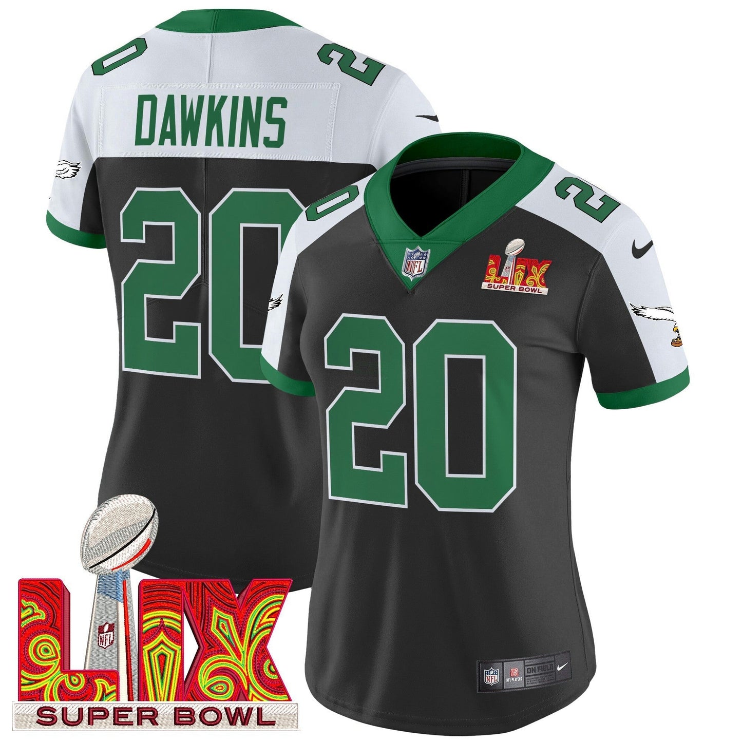 Camisa NFL Women’s Philadelphia Kelly Green Super Bowl LIX Patch Vapor Limited Jersey