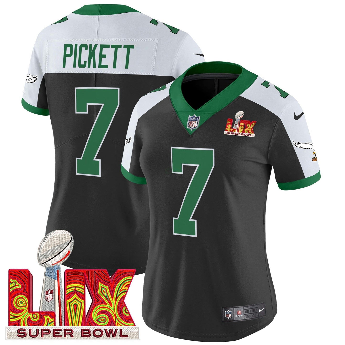 Camisa NFL Women’s Philadelphia Kelly Green Super Bowl LIX Patch Vapor Limited Jersey