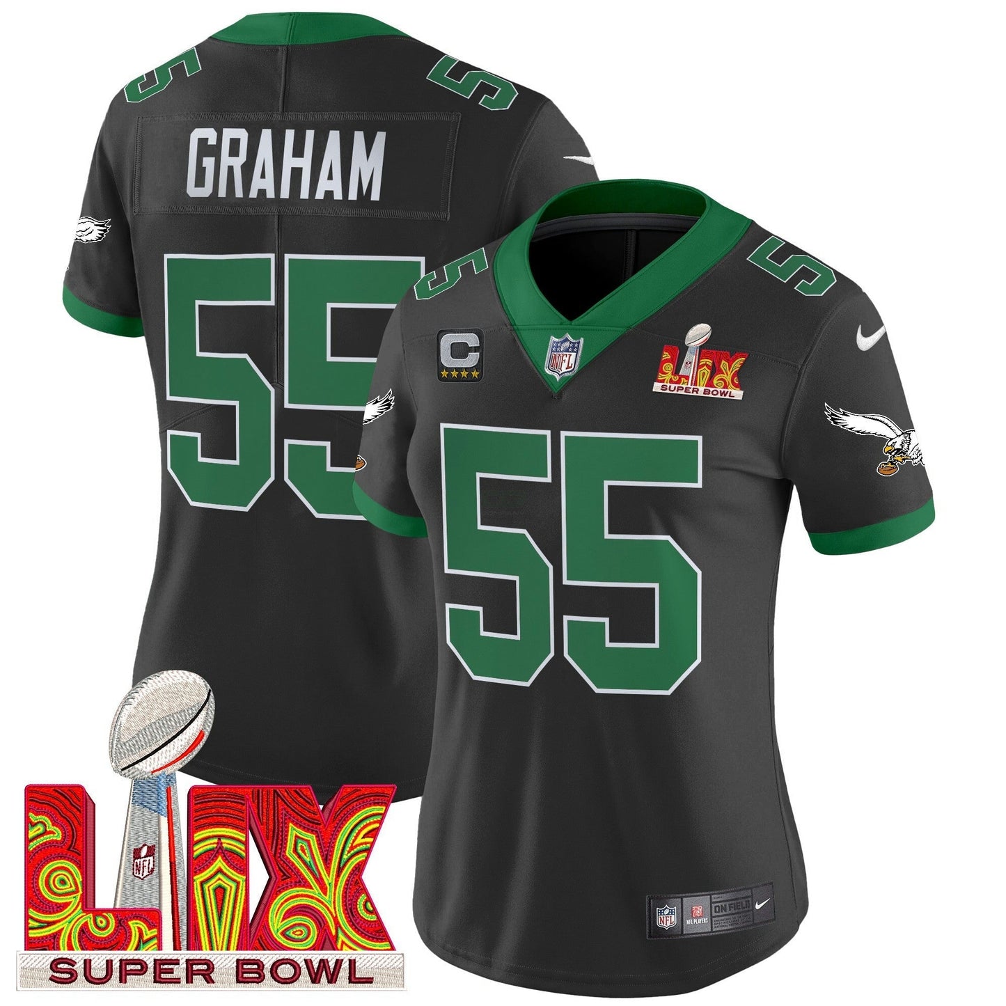 Camisa NFL Women’s Philadelphia Kelly Green Super Bowl LIX Patch Vapor Limited Jersey