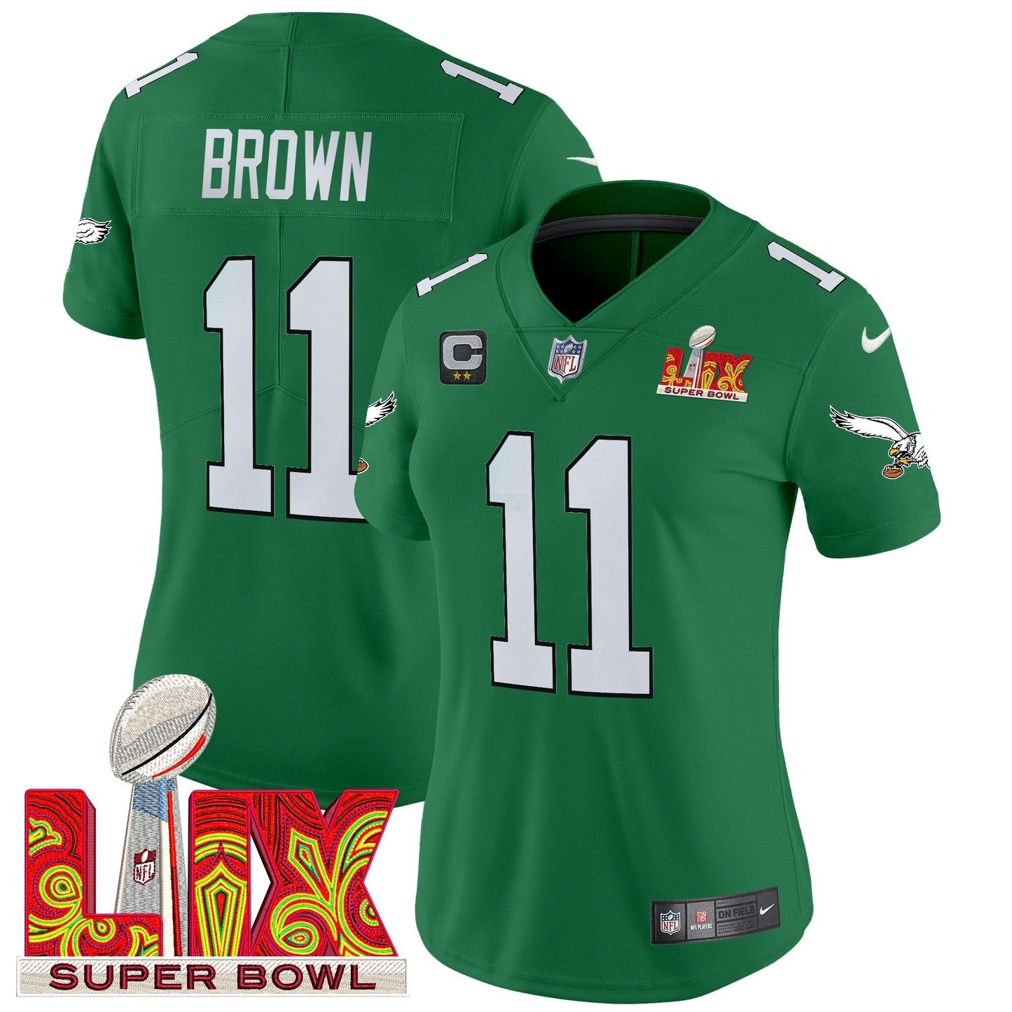 Camisa NFL Women’s Philadelphia Kelly Green Super Bowl LIX Patch Vapor Limited Jersey