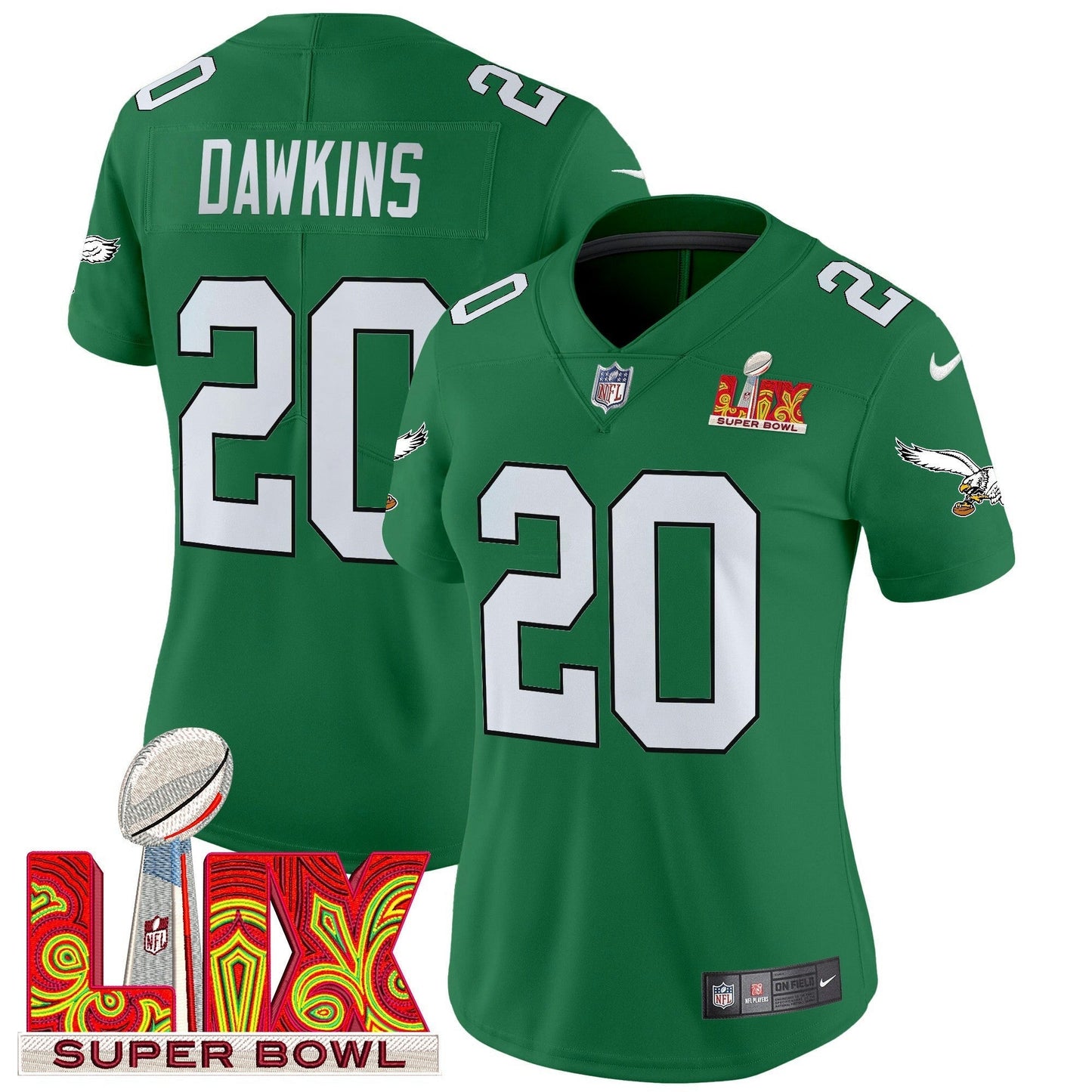 Camisa NFL Women’s Philadelphia Kelly Green Super Bowl LIX Patch Vapor Limited Jersey
