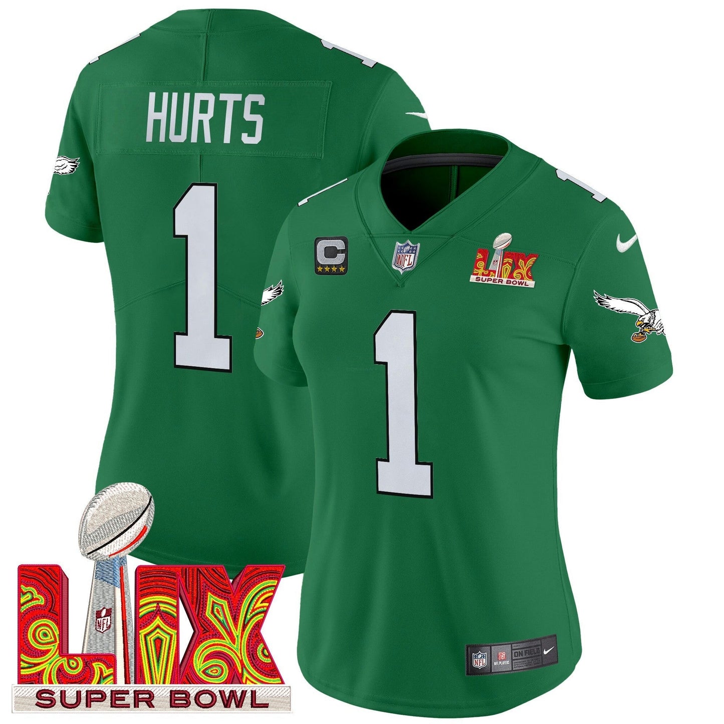 Camisa NFL Women’s Philadelphia Kelly Green Super Bowl LIX Patch Vapor Limited Jersey