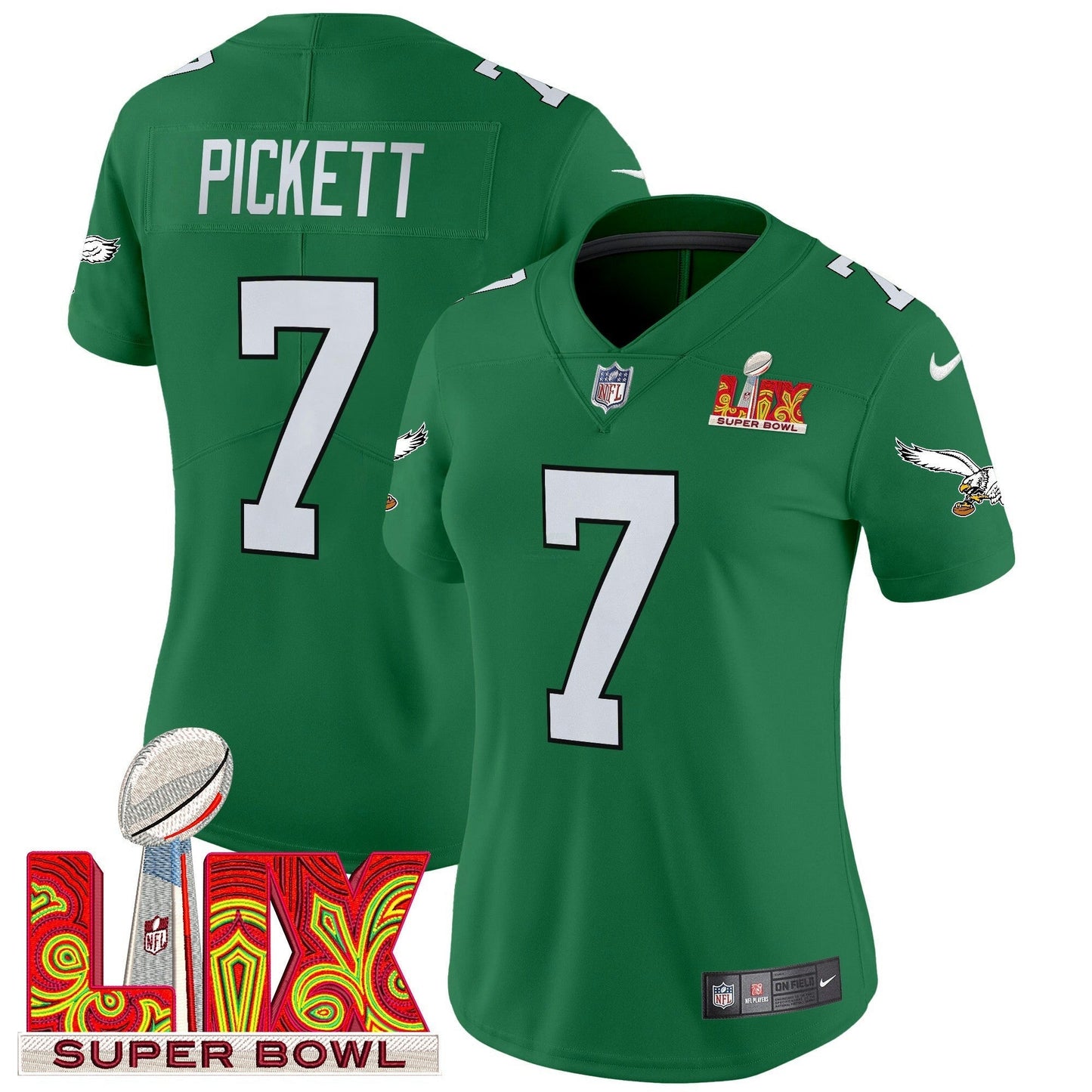 Camisa NFL Women’s Philadelphia Kelly Green Super Bowl LIX Patch Vapor Limited Jersey