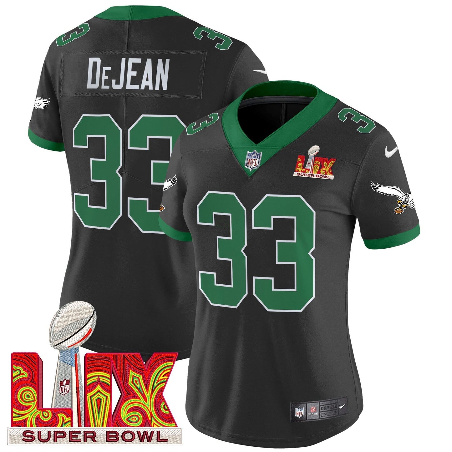 Camisa NFL Women’s Philadelphia Kelly Green Super Bowl LIX Patch Vapor Limited Jersey