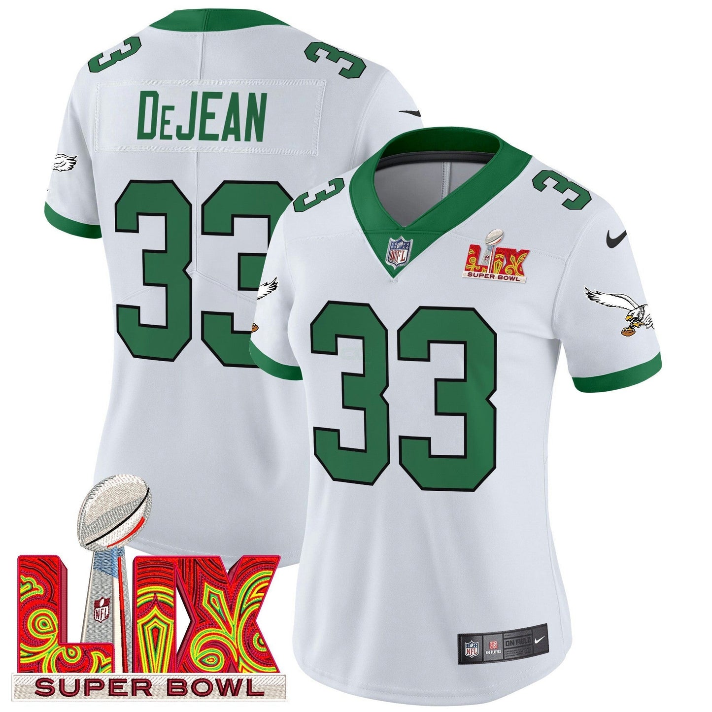 Camisa NFL Women’s Philadelphia Kelly Green Super Bowl LIX Patch Vapor Limited Jersey