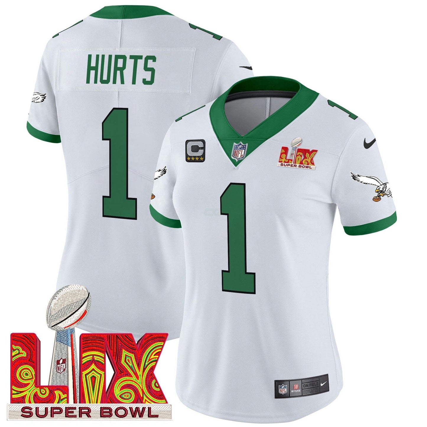 Camisa NFL Women’s Philadelphia Kelly Green Super Bowl LIX Patch Vapor Limited Jersey