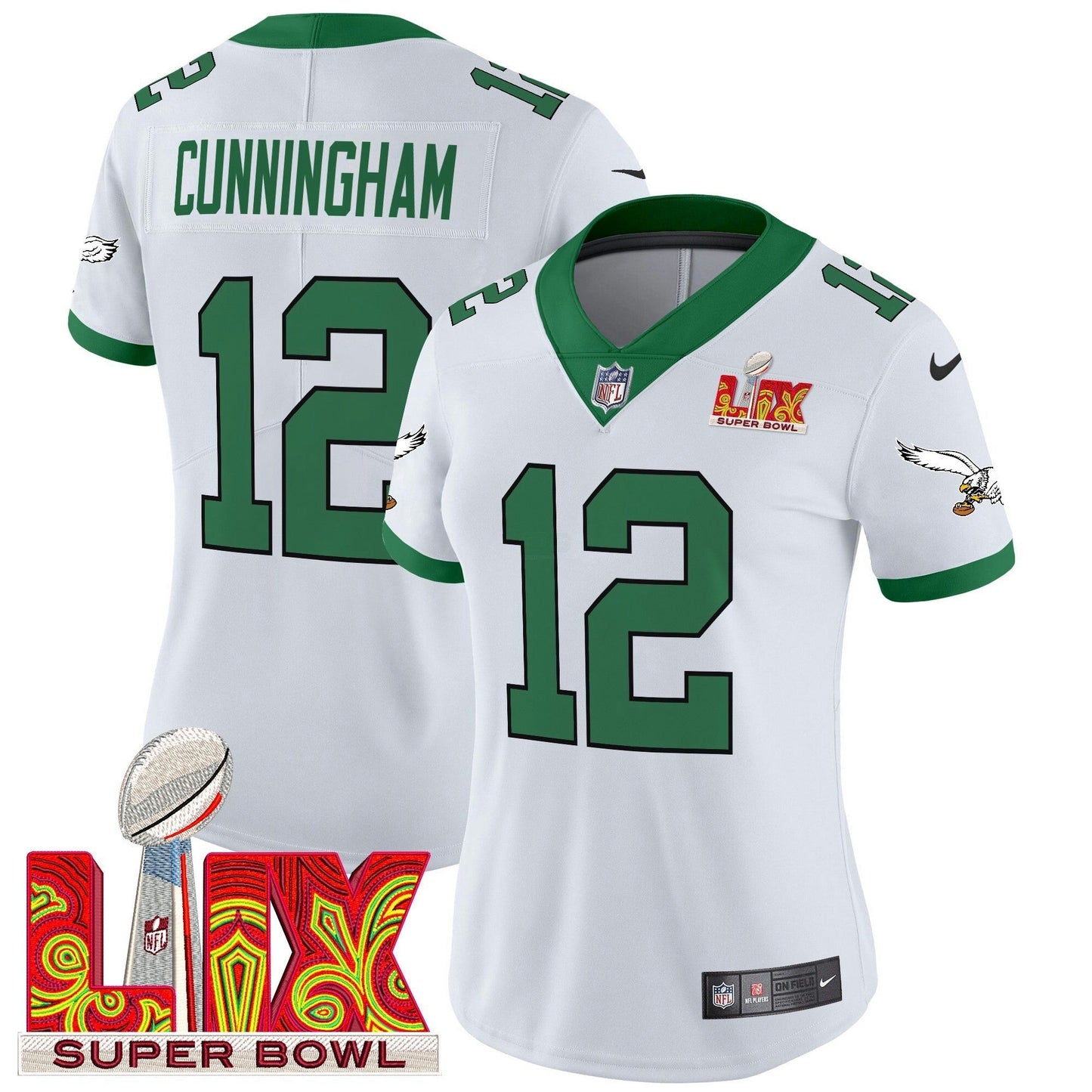 Camisa NFL Women’s Philadelphia Kelly Green Super Bowl LIX Patch Vapor Limited Jersey