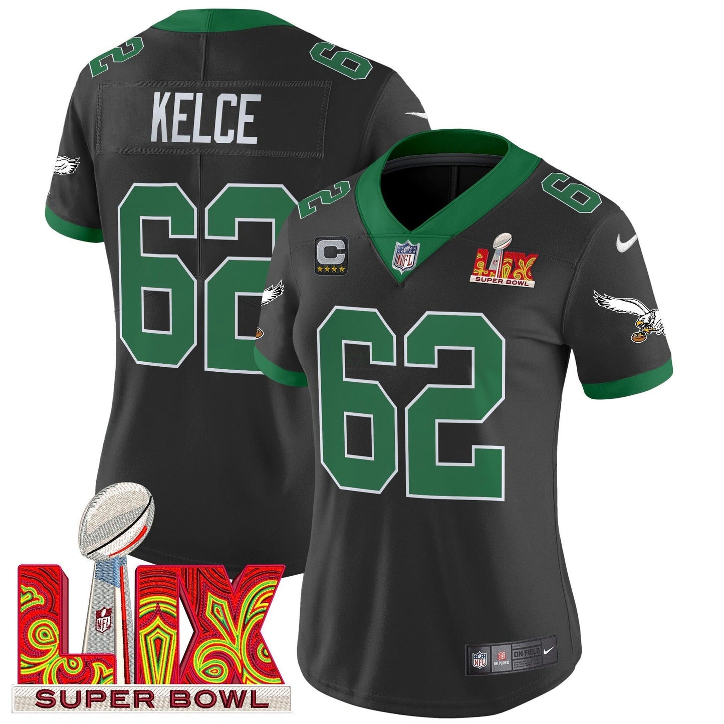 Camisa NFL Women’s Philadelphia Kelly Green Super Bowl LIX Patch Vapor Limited Jersey