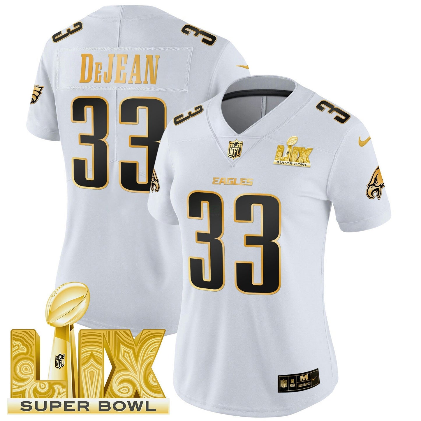 Camisa NFL Women’s Philadelphia Super Bowl LIX Patch Dourada Vapor Limited Jersey
