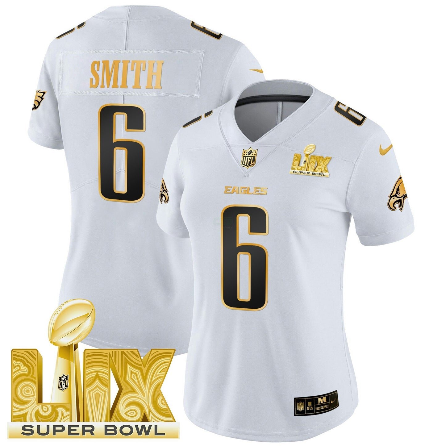Camisa NFL Women’s Philadelphia Super Bowl LIX Patch Dourada Vapor Limited Jersey