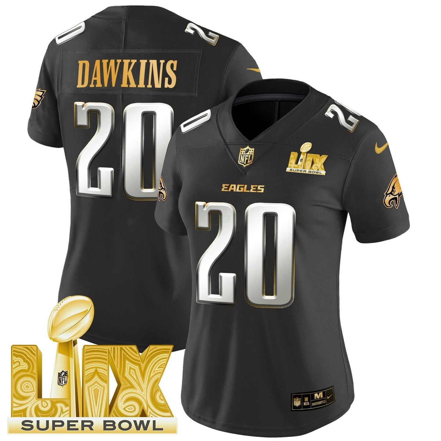 Camisa NFL Women’s Philadelphia Super Bowl LIX Patch Dourada Vapor Limited Jersey