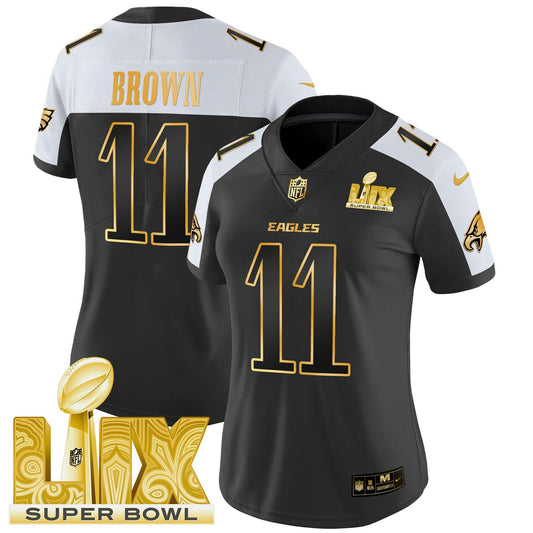 Camisa NFL Women’s Philadelphia Super Bowl LIX Patch Dourada Vapor Limited Jersey
