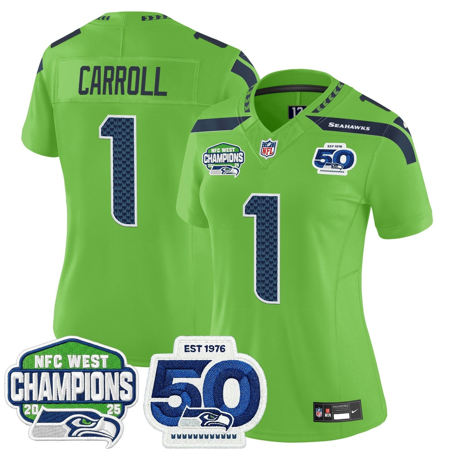 Camisa NFL Women’s Seattle 2025 NFC West Division Champions & 50th Anniversary Patch Vapor Limited Jersey