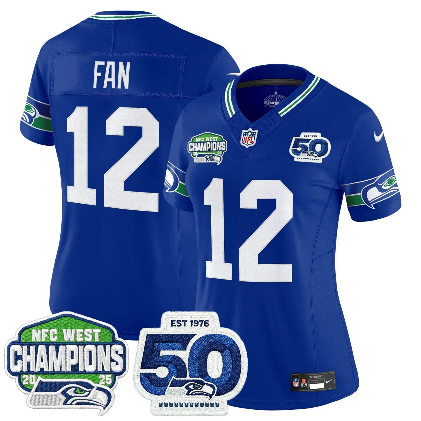 Camisa NFL Women’s Seattle 2025 NFC West Division Champions & 50th Anniversary Patch Vapor Limited Jersey