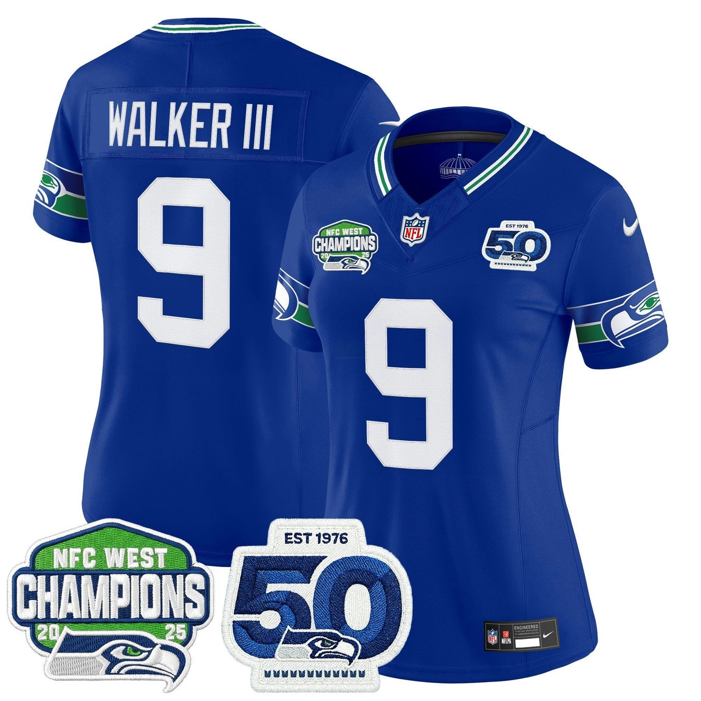 Camisa NFL Women’s Seattle 2025 NFC West Division Champions & 50th Anniversary Patch Vapor Limited Jersey