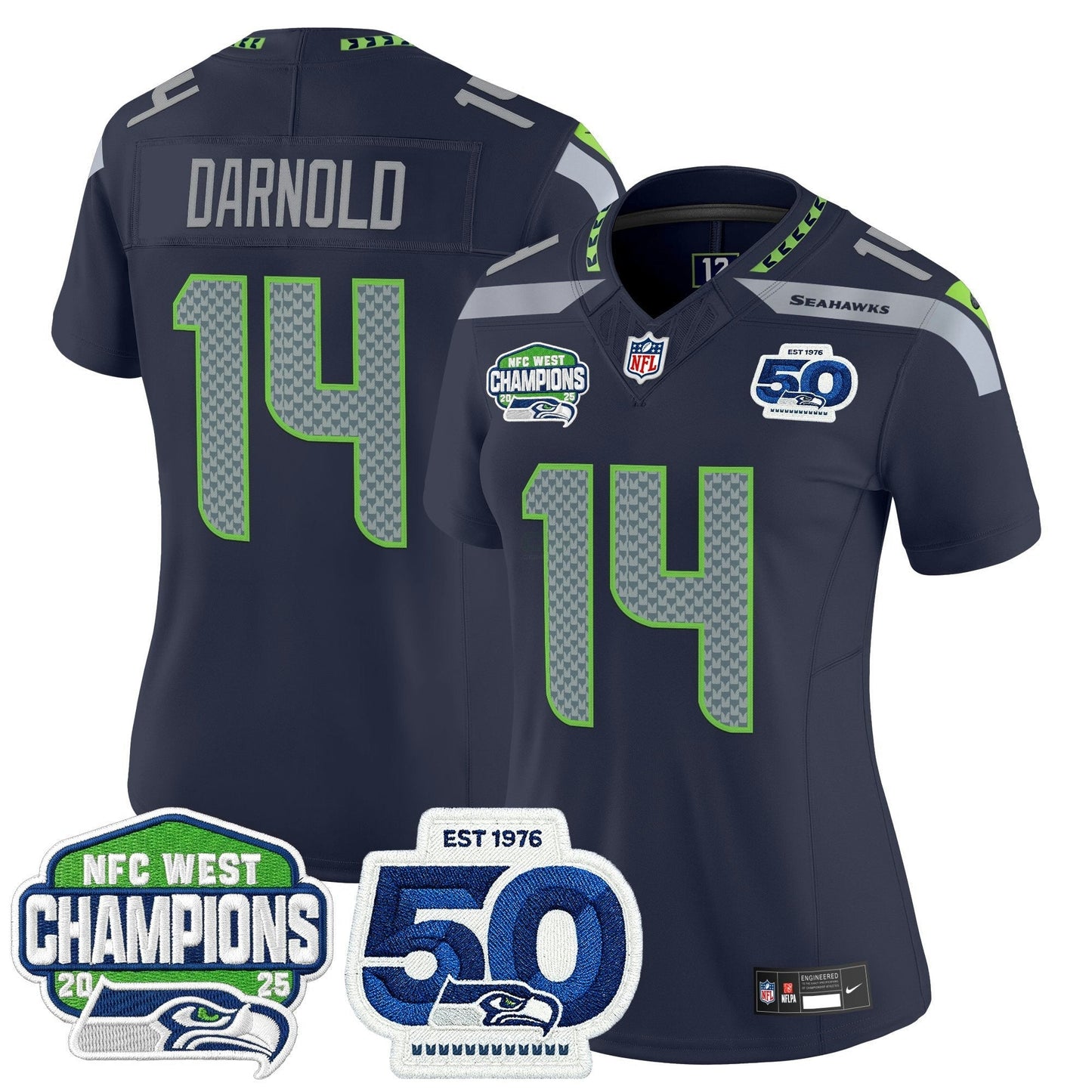 Camisa NFL Women’s Seattle 2025 NFC West Division Champions & 50th Anniversary Patch Vapor Limited Jersey