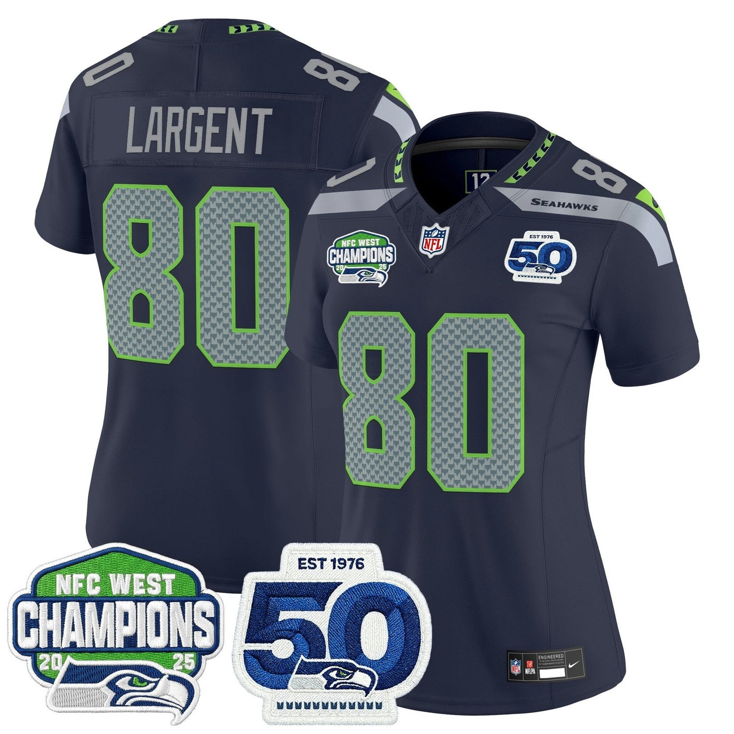Camisa NFL Women’s Seattle 2025 NFC West Division Champions & 50th Anniversary Patch Vapor Limited Jersey