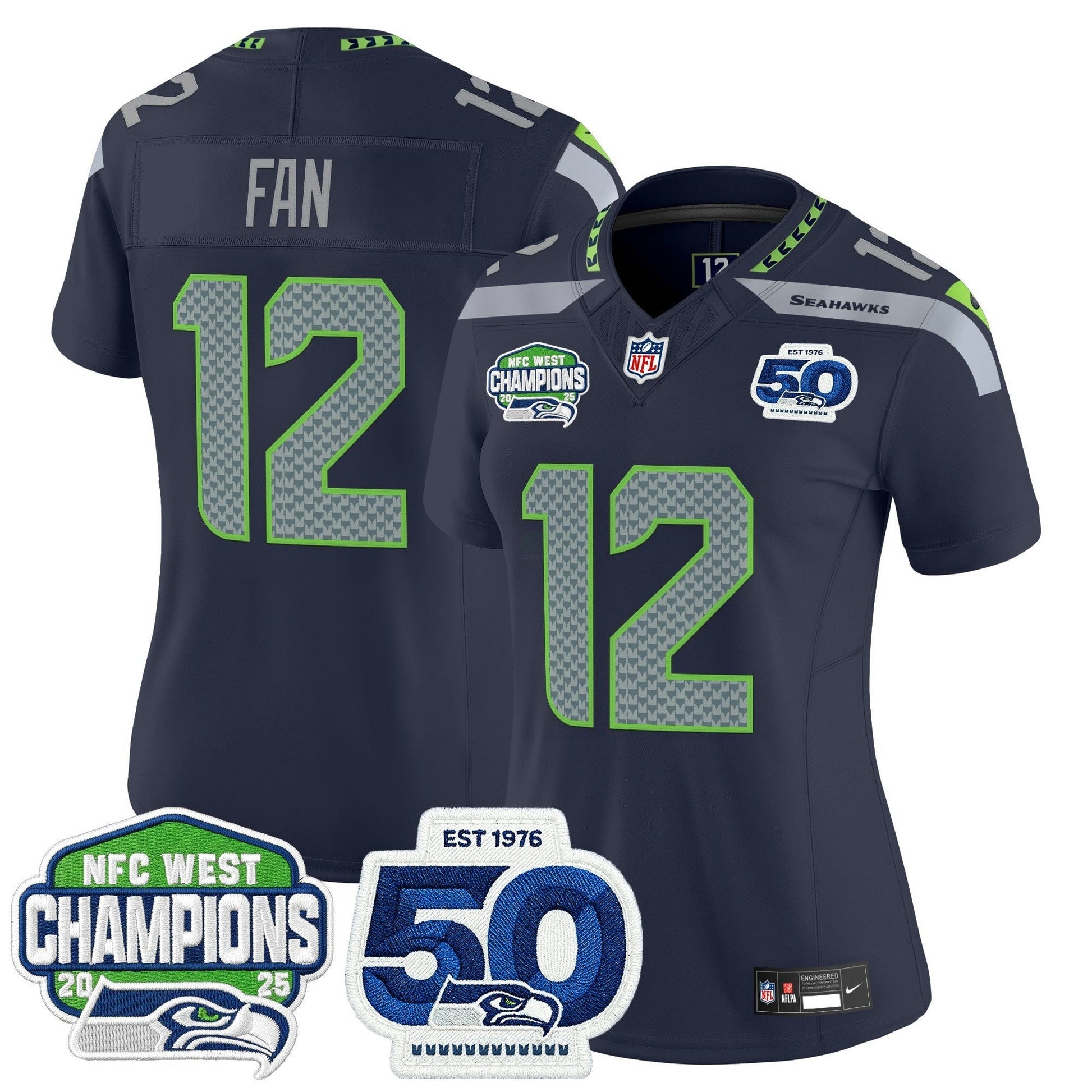 Camisa NFL Women’s Seattle 2025 NFC West Division Champions & 50th Anniversary Patch Vapor Limited Jersey