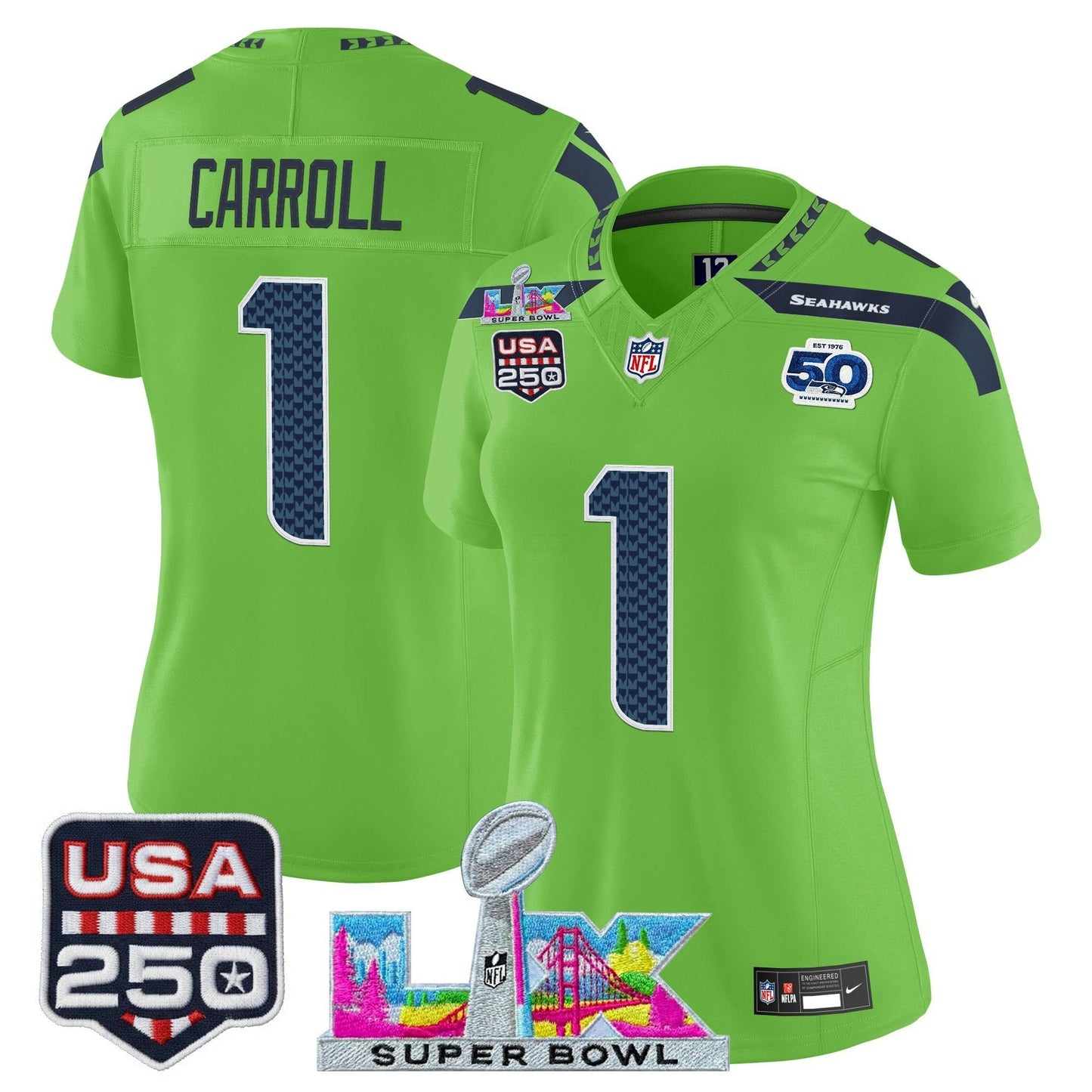 Camisa NFL Women’s Seattle “Super Bowl LX & United States 250th Anniversary Patch” Vapor Limited Jersey