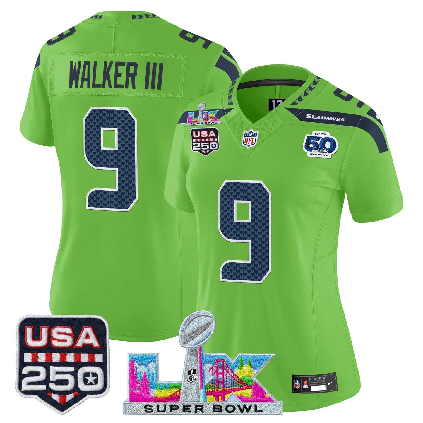 Camisa NFL Women’s Seattle “Super Bowl LX & United States 250th Anniversary Patch” Vapor Limited Jersey