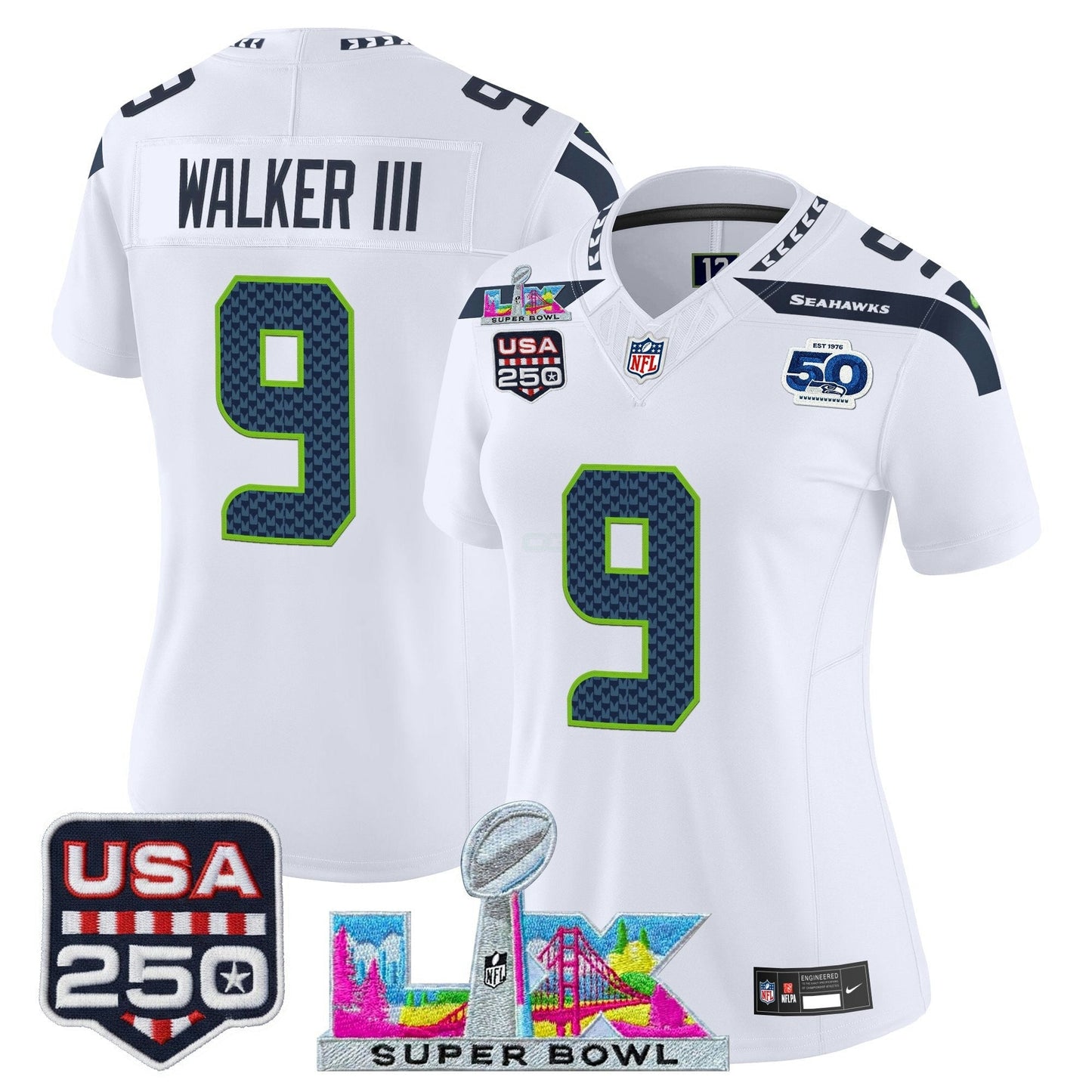 Camisa NFL Women’s Seattle “Super Bowl LX & United States 250th Anniversary Patch” Vapor Limited Jersey