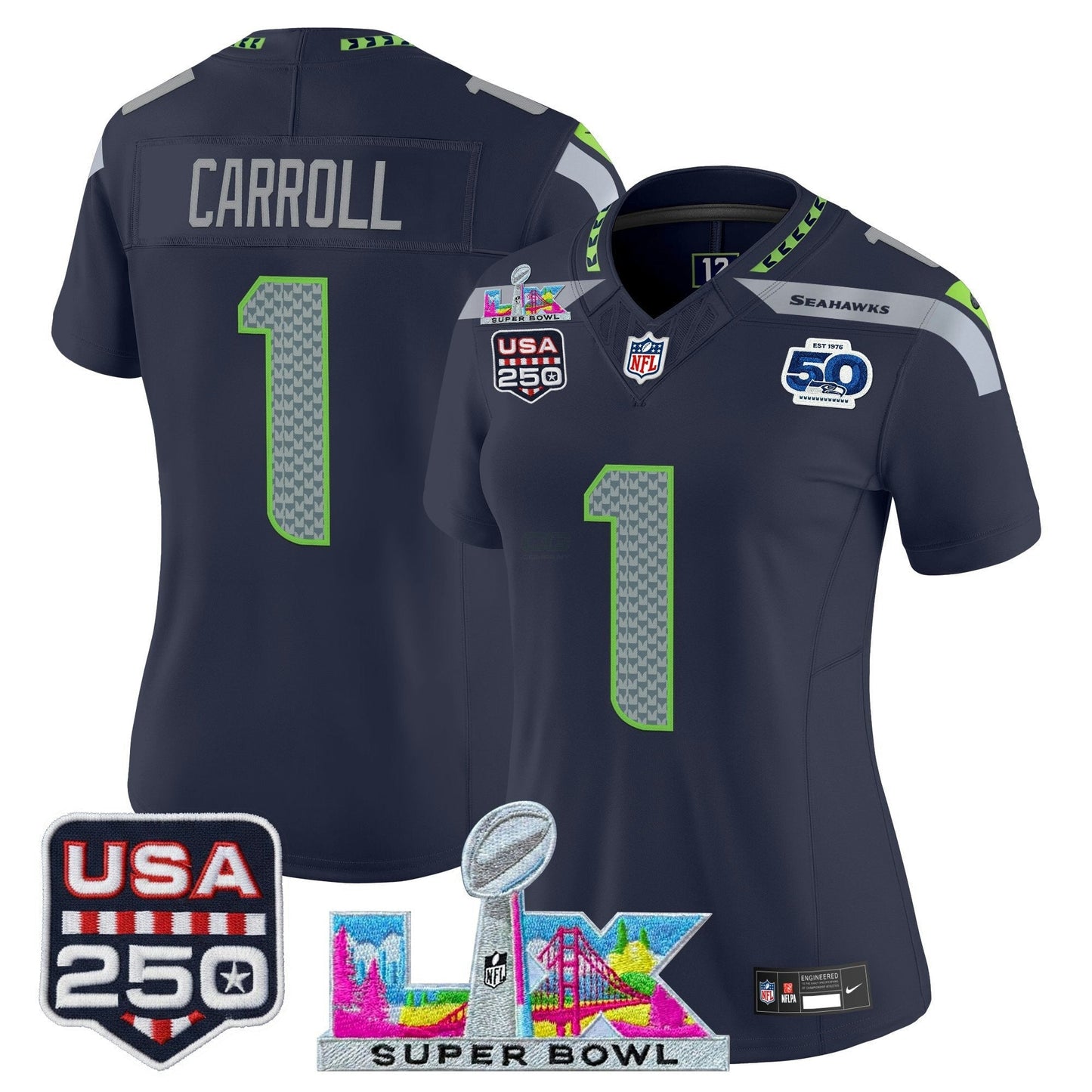 Camisa NFL Women’s Seattle “Super Bowl LX & United States 250th Anniversary Patch” Vapor Limited Jersey