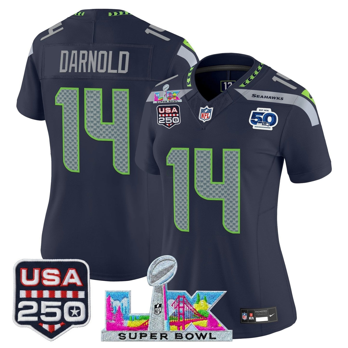 Camisa NFL Women’s Seattle “Super Bowl LX & United States 250th Anniversary Patch” Vapor Limited Jersey