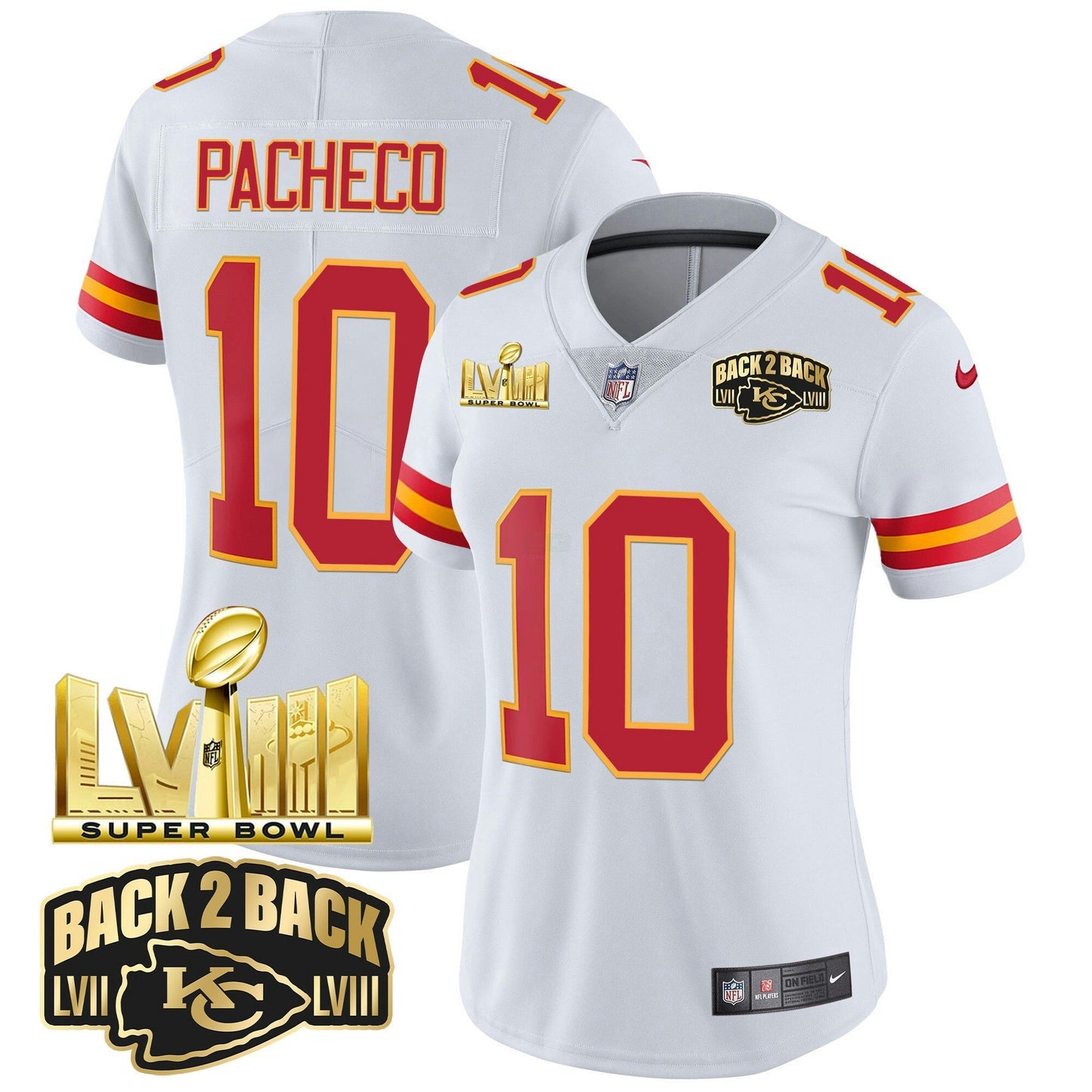 Camisa NFL Women’s Super Bowl LVIII & Back 2 Back Gold Patch Vapor Jersey