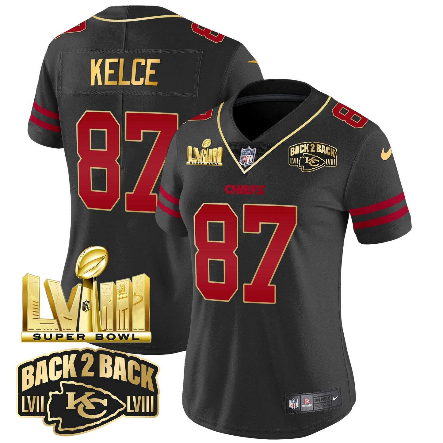 Camisa NFL Women’s Super Bowl LVIII & Back 2 Back Gold Patch Vapor Jersey