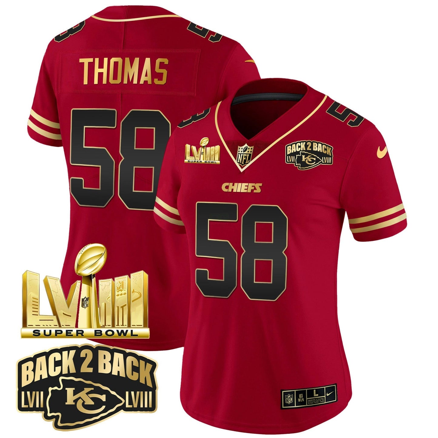 Camisa NFL Women’s Super Bowl LVIII & Back 2 Back Gold Patch Vapor Jersey