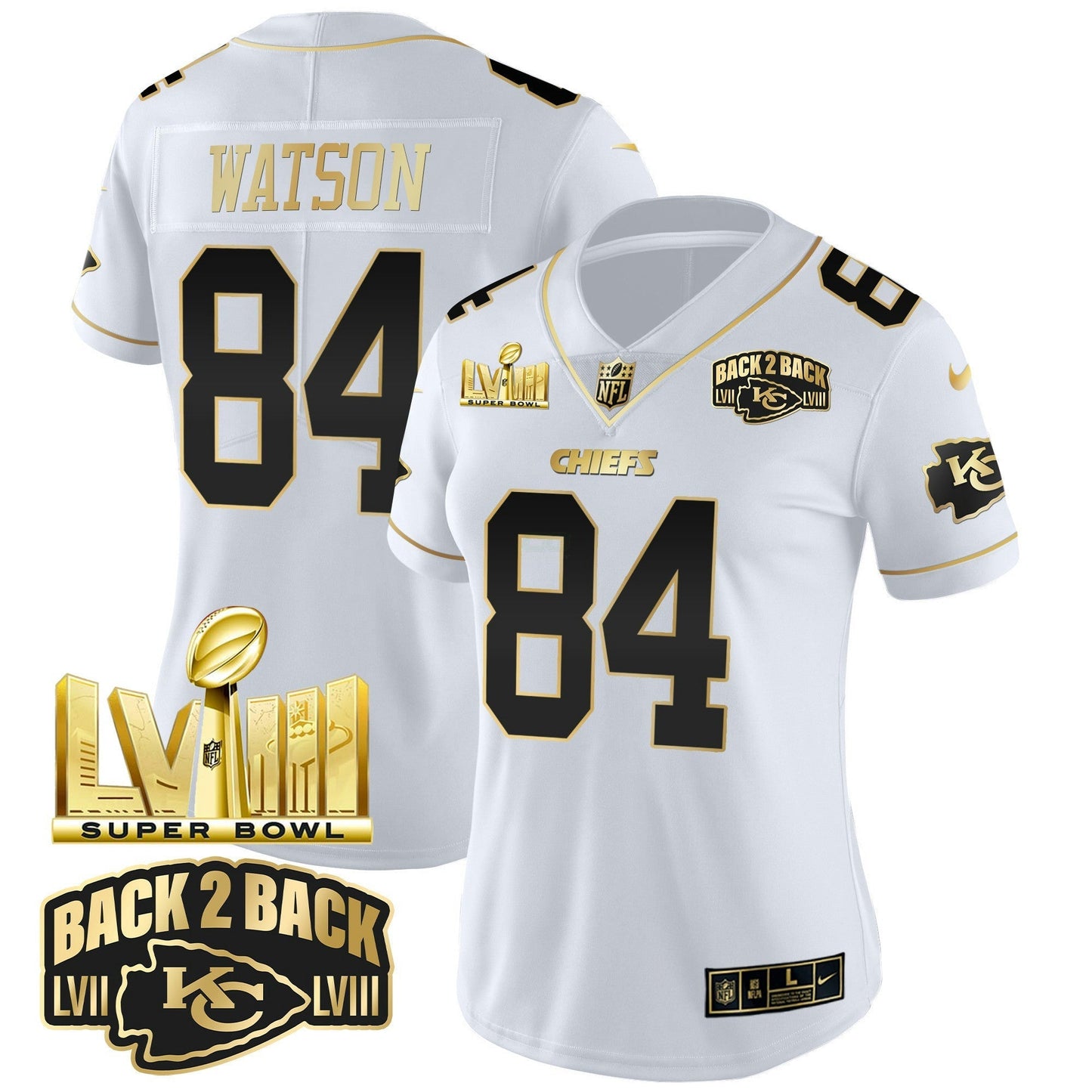 Camisa NFL Women’s Super Bowl LVIII & Back 2 Back Gold Patch Vapor Jersey V2