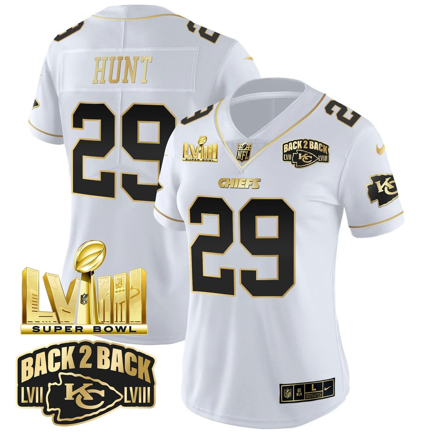Camisa NFL Women’s Super Bowl LVIII & Back 2 Back Gold Patch Vapor Jersey V2
