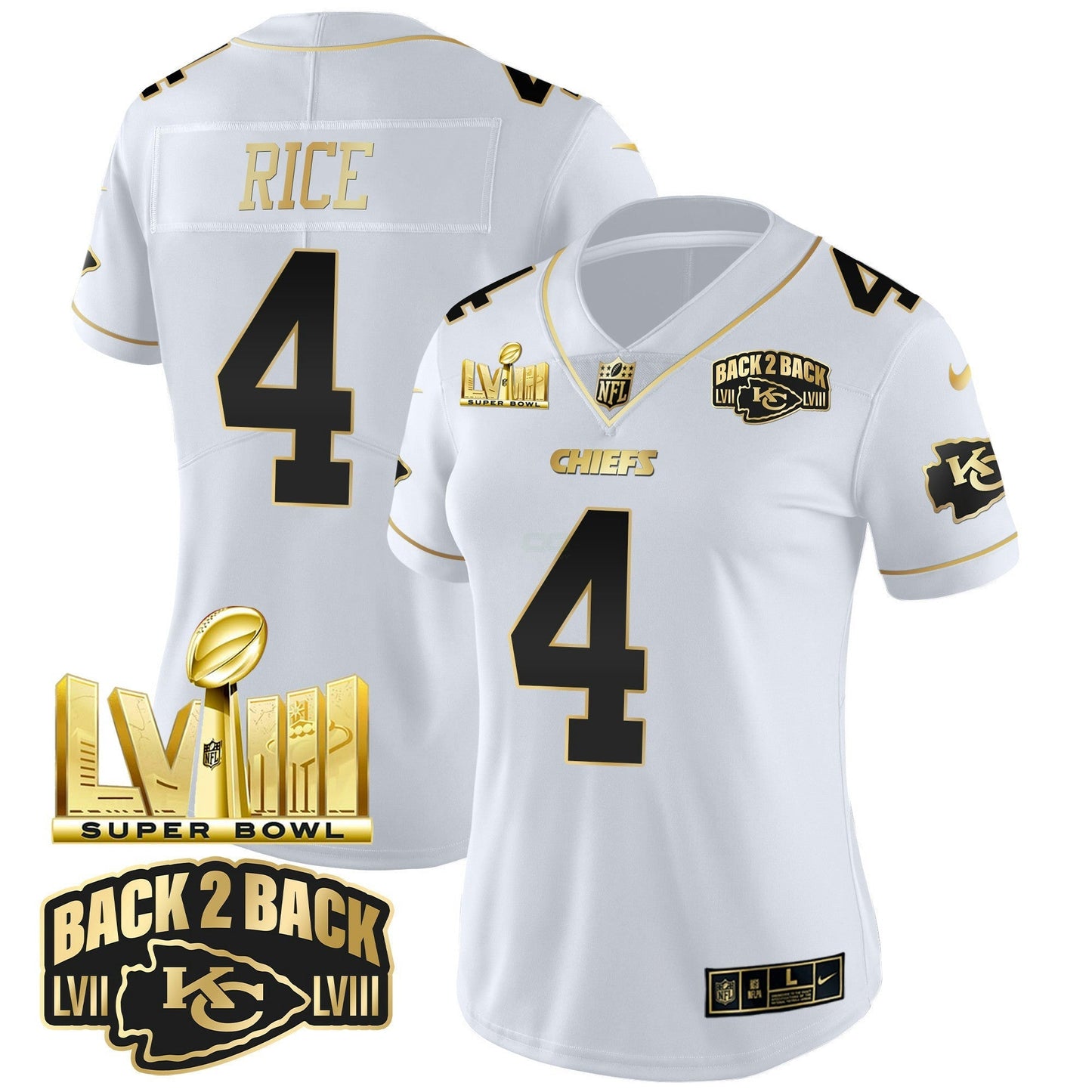Camisa NFL Women’s Super Bowl LVIII & Back 2 Back Gold Patch Vapor Jersey V2