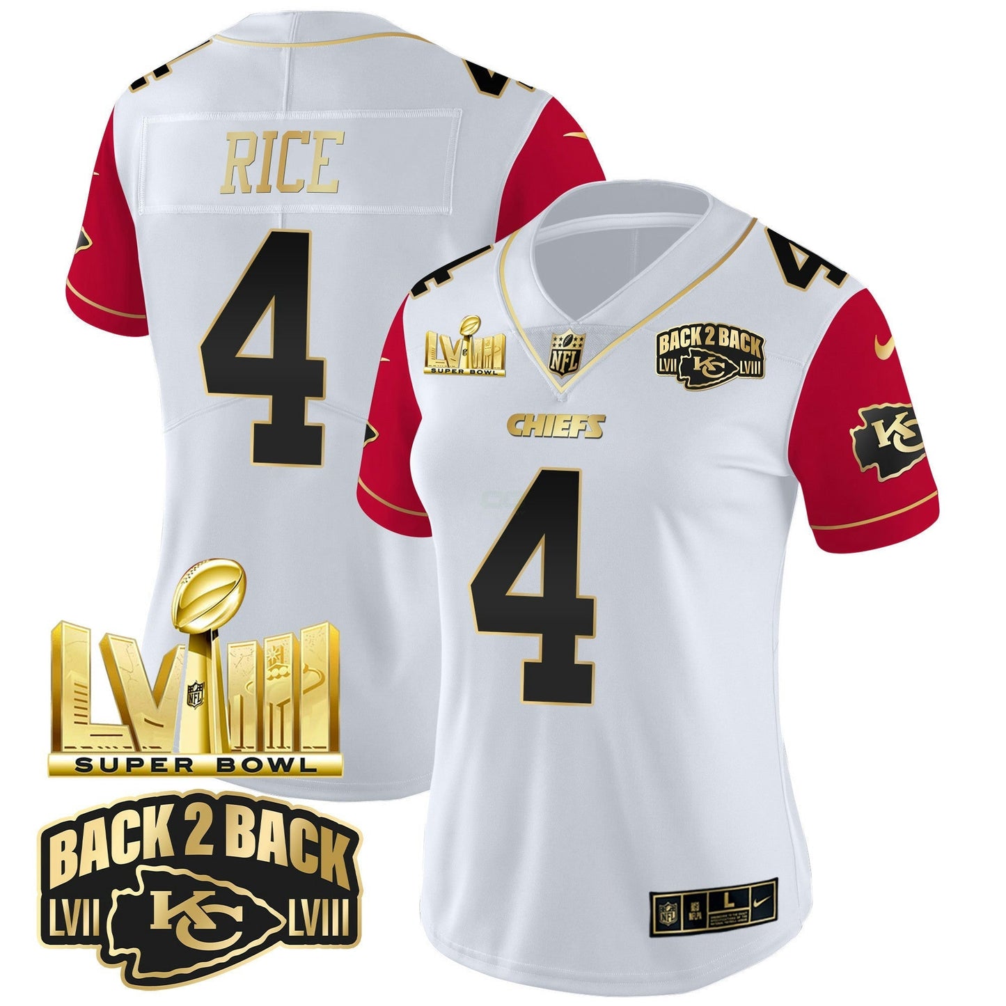 Camisa NFL Women’s Super Bowl LVIII & Back 2 Back Gold Patch Vapor Jersey V2