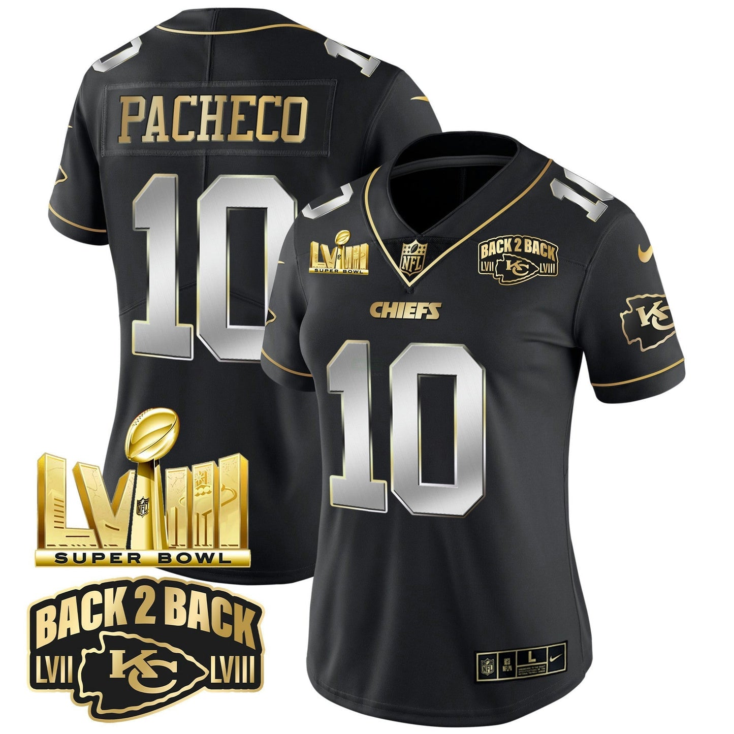 Camisa NFL Women’s Super Bowl LVIII & Back 2 Back Gold Patch Vapor Jersey V2
