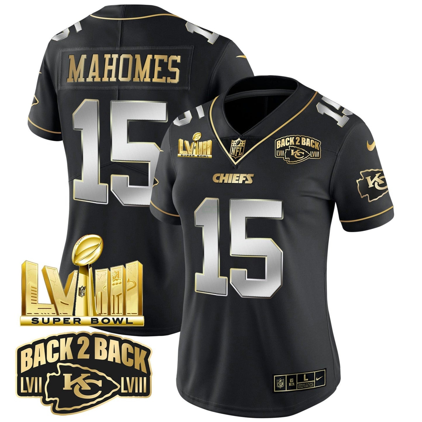 Camisa NFL Women’s Super Bowl LVIII & Back 2 Back Gold Patch Vapor Jersey V2