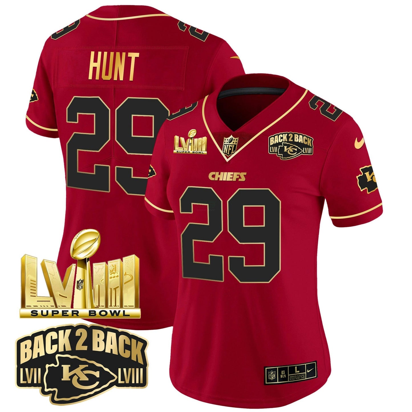 Camisa NFL Women’s Super Bowl LVIII & Back 2 Back Gold Patch Vapor Jersey