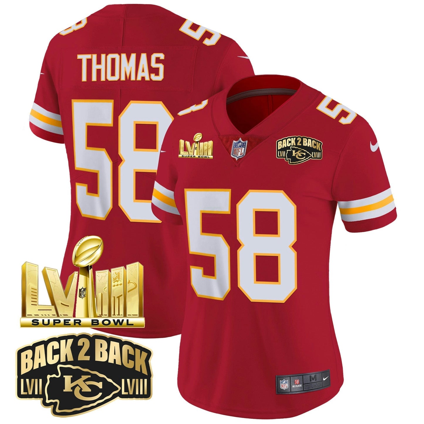 Camisa NFL Women’s Super Bowl LVIII & Back 2 Back Gold Patch Vapor Jersey